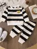 Conjunto de Dos Piezas para Bebé Niño Primavera y Otoño Transfronterizo con Bordado de Oso Lindo, Top de Manga Larga Rayado con Cuello Redondo + Pantalones Largos Rayados
