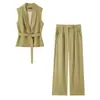 Ropa Europea y Americana Transfronteriza para Mujer AliExpress Venta Caliente Moda Casual con Cinturón Traje Chaleco + Pantalones de Pierna Ancha de Cintura Alta