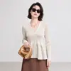 Chaqueta plisada petite de estilo japonés, corte ajustado, con cuello en V, bajo con volantes y color liso, top cárdigan de manga larga