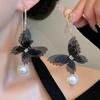 Pendientes románticos franceses de tul con diseño de hada, malla hueca con incrustaciones de diamantes, gancho para la oreja con perla y mariposa, pendientes distintivos y exagerados de alta calidad.