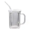 Taza de Vidrio Rayada Estilo Ins con Tapa y Asa Taza con Popote Taza de Vidrio para Beber en Casa de Aspecto Elegante