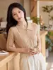 Camiseta de punto de manga corta para mujer con patrón de corteza y flor de rosa, cuello polo francés, 100% lana fina, versátil y estiliza la figura