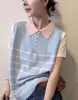 Tricô de Manga Curta com Gola Polo Listrada Color Block de Alta Qualidade para Mulheres, Moda Nova de Início de Primavera 2026