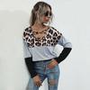 Bai Fen Zhi Yi Amazon Transfronterizo Europeo y Americano Otoño Estampado de Leopardo Patchwork Diseño Manga Larga Cuello Cuadrado Camiseta de Manga Larga