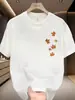 Tamanho Europeu Transfronteiriço Camiseta Masculina de Algodão de Manga Curta - Casual com Caimento Solto Adequada para Estampa Sutil de Folha de Bordo Verão com Amarração
