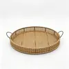 Cesta de armazenamento redonda de rattan natural, tecida à mão, com alça, bandeja para armazenamento de frutas e lanches, bandeja de armazenamento para itens diversos de mesa