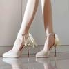 Tacones Altos de Punta Francesa para Mujer 2025 Nuevo Estilo Hebilla Lazo de Perlas Zapatos de Dama Versátiles Tacón de Aguja Zapatos Huecos