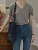 Camiseta transpirable de manga corta con mezcla de ramio y textura de copo de nieve, cuello en V bordado, elegante para ir al trabajo