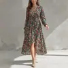 2026 Ropa de otoño para mujer de moda transfronteriza europea y americana, vestido estampado con mangas de farol y cintura ceñida, vestido de temperamento elegante