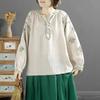 Camisa Feminina de Algodão Estilo Vintage para Primavera e Outono com Bordado Pesado, Decote V, Caimento Solto, Emagrecedora, Estilo Étnico, Blusa Versátil