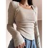 Camiseta Básica Cepillada Derong para Mujer en Otoño e Invierno, Camiseta de Manga Larga de Aspecto Adelgazante de Nicho, Top Asimétrico y Chic