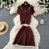 Conjunto de Dos Piezas de Punto con Cuello Polo Estilo Universitario para Mujer, Conjunto de Top Elegante de Manga Corta Adelgazante Estilo Ropa de Trabajo de Verano