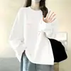 Camiseta de Manga Longa 100% Algodão para Mulheres Primavera e Outono Estilo Coreano Nova Solta Estudante Gola Redonda Camisa Básica Top Externo para Homens