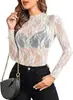 Moda Feminina Europeia e Americana 2026 Novo Sexy Pulôver Renda Manga Longa Camisa Transparente Malha Transparente Top de Renda