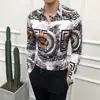 Camisa de manga larga de moda europea y americana para hombre, estilo coreano ajustado, personalizada, moderna, con estampado de flores, retro europeo 1913C Verde-P