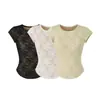 26 Nuevo Estilo de Verano Cuello Redondo Encaje Suave y Fragante Hombro Normal 'Belleza de Oxígeno' Estilo Pura Deseo Chica Picante Ajustado Manga Corta Camiseta Top
