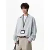 Camisa de rayas para otoño e invierno, de manga larga, con cuello, corte holgado, casual y elegante, con cuello en V, para hombres jóvenes, adecuada como prenda exterior.