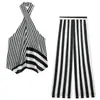 Atacado transfronteiriço 2026 Moda europeia e americana justa com costas nuas e gola halter listrada conjunto de top e calça para mulheres E5260628
