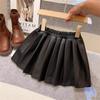 Traje Infantil Menina Moda Estiloso Saia de Couro Pequeno Vestido de Manga Voadora Listrado Gola Meia Alta Camisa Base Traje D65