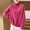 Nuevo Suéter de Punto de Lana Pura con Cuello Alto Medio de Manga Larga para Mujer, Color Sólido, Canalé, Jersey Holgado, Camisa Base