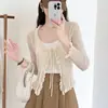 Cárdigan de Punto Fino de Lino de Bambú Manga Larga Ropa de Exterior Verano 2025 Camisa Corta para Aire Acondicionado Chal Protector Solar Top para Mujer Moderno