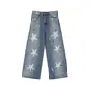 Calça Jeans Reta Solta com Pintura Desgastada Grafite Pentagrama para Homens Nova Tendência Verão 2025 Calça Longa Versátil