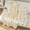 Pijama para Mujer Verano Algodón Puro Gasa Tirantes Camisón 100% Algodón Lindo Falda de Longitud Media Ropa de Casa Estilo Coreano Camisón para Mujer