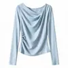 Camiseta de manga comprida estilo coreano para mulheres, cor rosa bebê, com gola de babados irregulares, top plissado slim fit para primavera e outono, camisa básica elegante