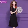 Vestido Preto com Contas Feimengyi para Mulheres, Manga Curta, Estilo Francês Hepburn de Verão, Ajuste na Cintura, Gola Redonda, Elegante Vestido Evasê