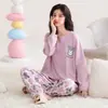 Pijama de algodón para mujer de primavera y otoño, manga larga y pantalón largo, cuello redondo, dulce y lindo, se puede usar fuera de casa, conjunto de ropa para el hogar para mujer