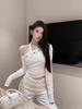 Camiseta de Invierno Irregular con Hombro Descubierto y Cuello Halter de Manga Larga para Chicas Hot Sexy Ajustada Adelgazante Ins Nicho Top de Hombro Descubierto para Mujer