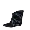 Botas de tornozelo estilo europeu e americano de perna larga, emagrecedoras, que aumentam a altura, com bico fino e fivelas de metal, disponíveis nas cores branco, preto e café, versão coreana para adultos