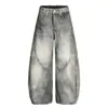 Jeans de Diseño Ancho Retro Americano de Nicho High Street Estampado 3D Desgastados Deconstruidos de Cimitarra Unisex de Moda
