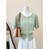 Top de punto tipo cárdigan de manga corta para mujer con diseño de hombro recto, adecuado para figuras petite, nueva colección de verano 2026, estilo francés, ligero