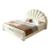 Cama estilo pétalo crema con carcasa de cama de cuero genuino, cama para dormitorio principal tapizada, cama para niña, cama doble de alta gama para bodas