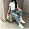 Calça jeans cropped destroyed retrô de verão para mulheres 2026, cintura alta, solta, perna larga, modeladora, versátil para baixinhas