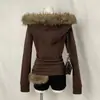 Sudadera Marrón Adelgazante Chica Atrevida Sudadera con Capucha Cardigan Chaqueta Retro Millennium Y2K Cuello Grande de Piel Bordado de Tótem