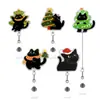 Natal Gatinho Preto Fofo Acrílico Glitter Retrátil Fivela Fácil de Puxar Adesivo de Tecido Rotativo Clipe de Crachá Fácil de Puxar