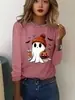 Nova T-shirt Estampada de Manga Longa com Desenho de Fantasma Cartoon para Halloween Feminina Gola Redonda Solta Casual Estilo Outono Inverno