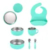 Plato de cena de acero inoxidable 304 combinado con juego de platos de servir de silicona de grado alimenticio, disponible en stock, anticaídas, antiescaldaduras, plato redondo poco profundo multicolor