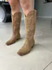 Botas Vaqueras Retro Europeas para Mujer, Caña Alta, Tacón Grueso, Punta Fina, Botas Largas, Cremallera Lateral, Bordado, Botas de Motociclista