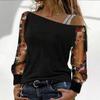 2024wish Amazon AliExpress Nueva Camiseta de Manga Larga con Hombro de Malla y Cuello Oblicuo Camisa Básica de Moda con Cuello