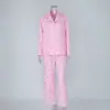 2026 Nuevo Conjunto de Pijama y Ropa de Casa de Estilo Europeo y Americano con Estampado de Rayas y Moño, Fruncido, Manga Larga, Pantalón Largo para Mujer Transfronterizo