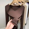 Camiseta de Base Acanalada para Mujer 2025 Estilo Europeo Elegante Cuello en V Manga Larga Camiseta Elástica Ropa Interior Ceñidor de Cintura Otoño Temprano