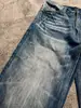 Jeans Retro Americanos Azul Oscuro con Grietas de Rayos para Hombre y Mujer Pantalones Sueltos de Pierna Ancha Pantalones Rectos Lavados Micro-pantalones