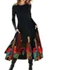 Vestido feminino longo 2025 novo europeu e americano transfronteiriço wish AliExpress comércio exterior manga longa gola redonda cor sólida longo feminino