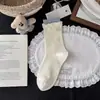 Meias Azuis-Cinza Listradas Estilo Coreano para Mulheres, Meias de Algodão Meia-Panturrilha, Meias Fofas de Cachorro com Desenho Animado Estilo Japonês da Moda