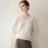 Conjunto de estilo suave~ Suéter de cachemir de una sola pieza con cuello en V, sin costuras, para mujer, holgado y casual para otoño e invierno, capa base de punto