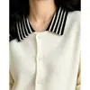 26 Cárdigan de Punto Patchwork Rayado Cuello Polo Estilo Perezoso para Mujer Atuendo de Alto Sentido Intelectual Suéter Abrigo Versátil para el Viaje Diario Mujer
