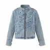 Yidao Roupas Vintage 2026 Outono Novo Estilo Cool Retro Americano Jaqueta Jeans Curta com Gola Alta e Detalhe de Fivela de Metal